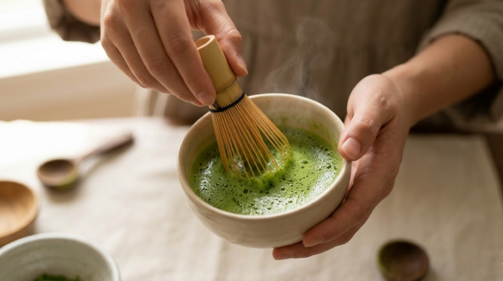 Fouettage du matcha dans un bol avec un chasen. La mousse commence à bien se former.