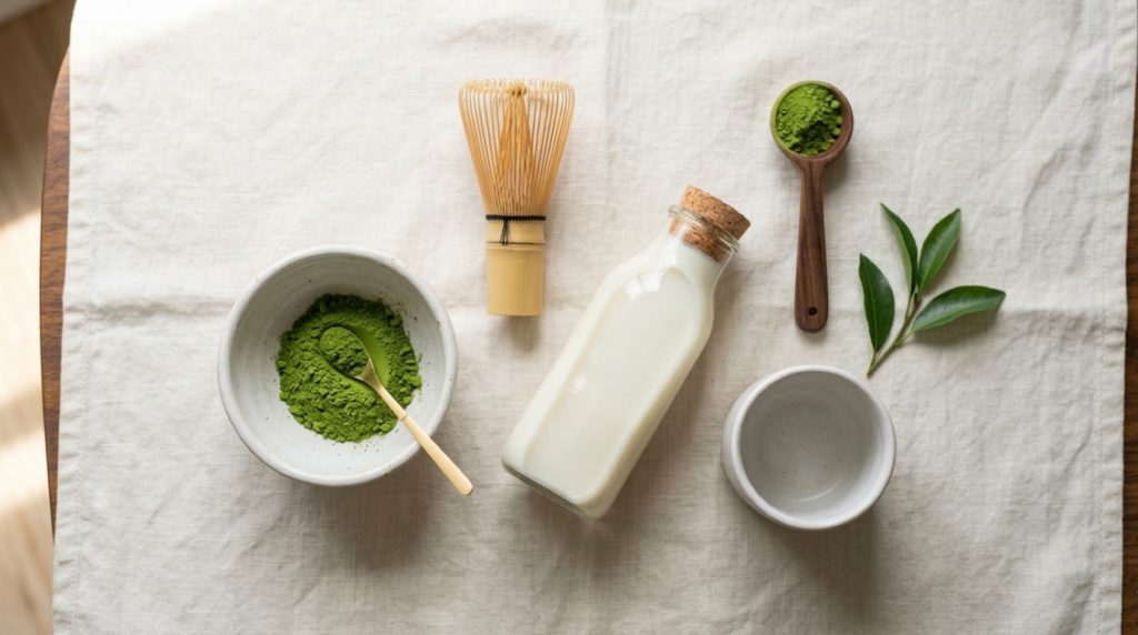 Les ingrédients d'un matcha latte maison : poudre de matcha de qualité, du lait végétal ou animal, un bol, une cuillère et un chasen