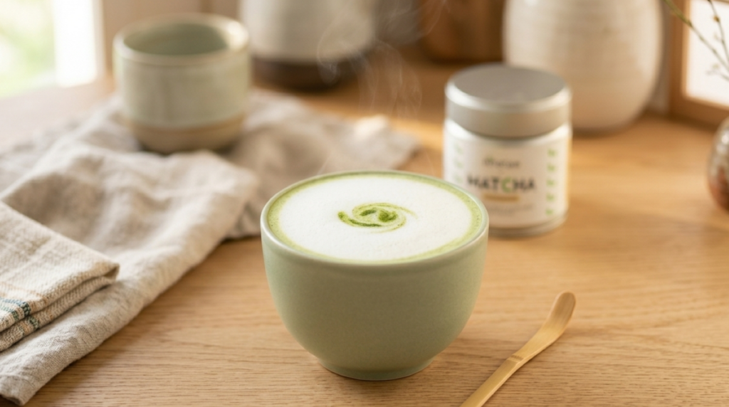 Matcha latte réalisé avec un matcha de la marque Anatae dont la boîte est en arrière plan