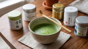 Un chawan avec un beau matcha dedans entouré de plusieurs boîtes de matcha comme Anatae